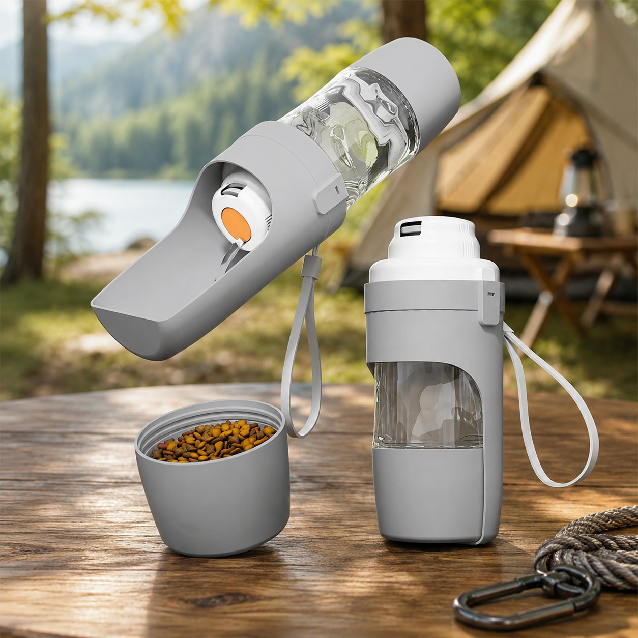 2-in-1 Dog Water Bottle, Portable Travel Feeder with Food Storage