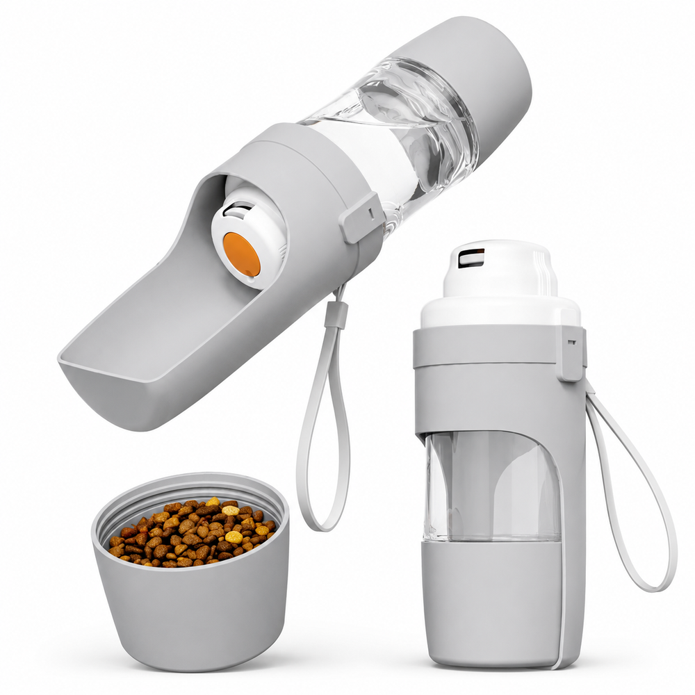 2-in-1 Dog Water Bottle, Portable Travel Feeder with Food Storage