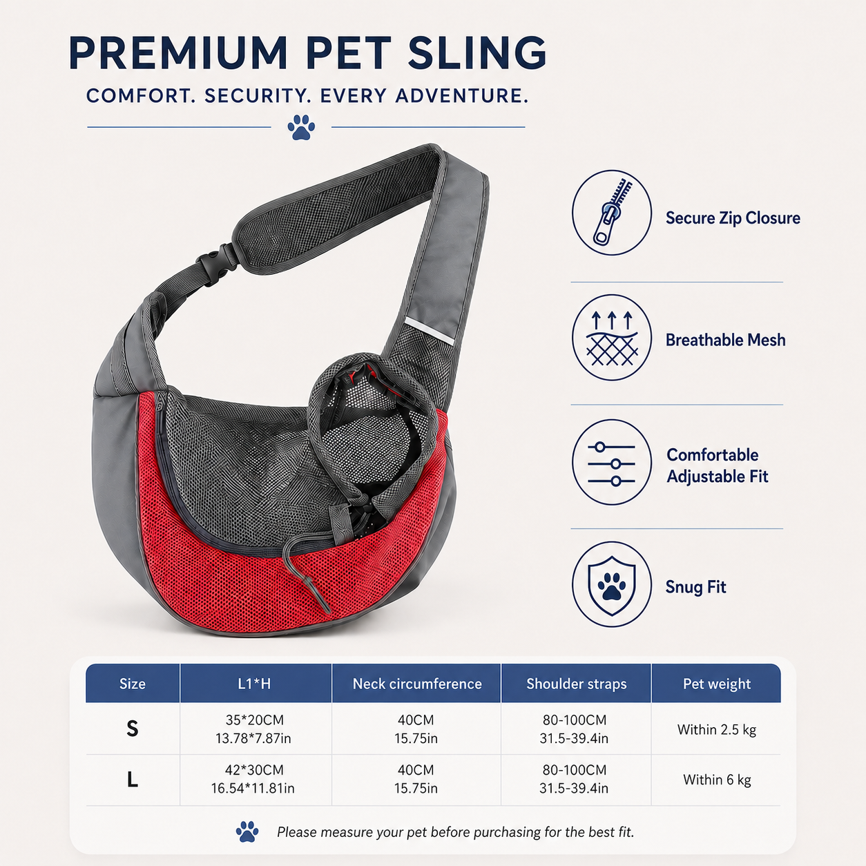 Pet Sling Carrier, Breathable Crossbody Bag for Cats & Small Dogs
